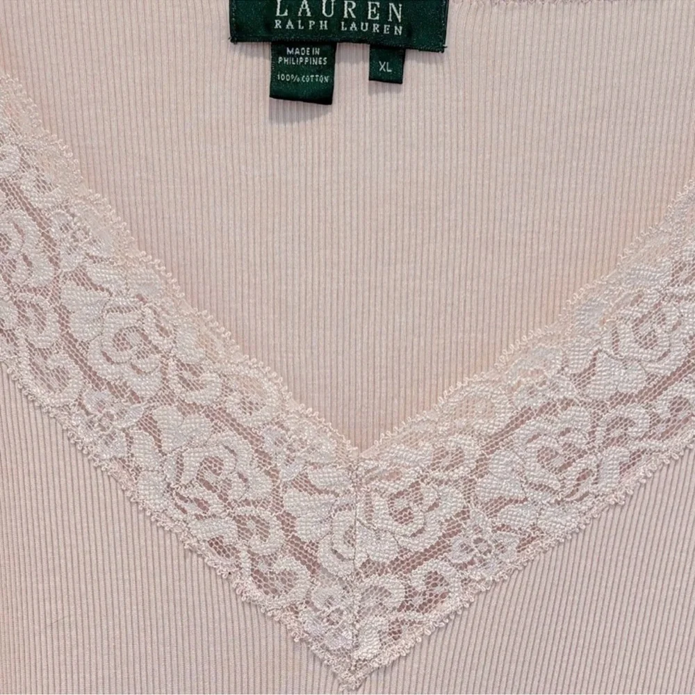 Lauren Ralph Lauren Lace Top Long Sleeve VNeck Ribbed Cottage Rose Pink Women XL